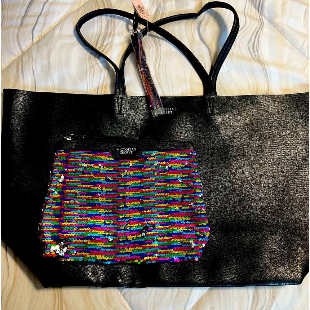 Victoria's Secret Black Tote with Rainbow Sequin Pouch
